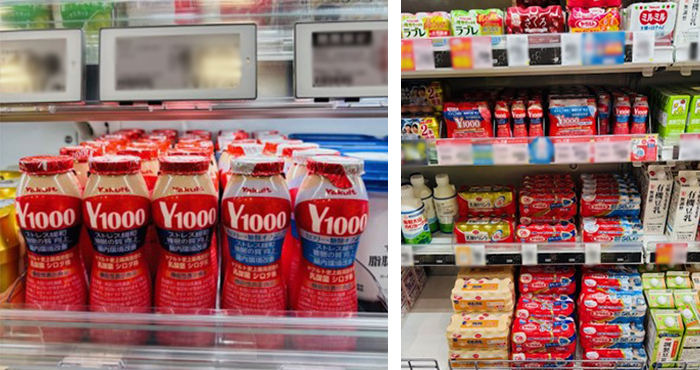 左:スーパー売場で並ぶ「Y1000」と「Y1000糖質オフ」、右:スーパーのヤクルトブランドコーナー売場に並ぶ「Y1000」と「Y1000糖質オフ」(筆者撮影)